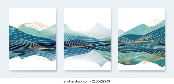 El paisaje de fondo blanco con montañas azules y colinas con olas de líneas abstractas doradas. Afiches de arte para decoración, papel pintado, diseño