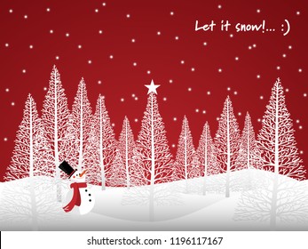 Landscape with white pine trees and snow man on snow hill and "Let it snow!...:)" text  with snow fall. Design for Merry Christmas, Happy New Year or Happy Holidays Greeting Card. 