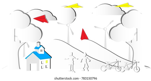 Landscape white tone color, vector paper ar and illustration, Man and woman standing in side of home and bicycle with mountain and sun clouds sky background, and paper plane flying above land.