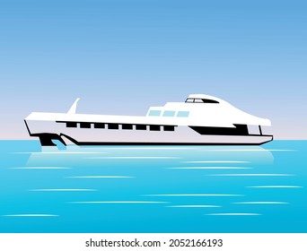 Landscape white yacht at sea. Sea transport. Vector illustration