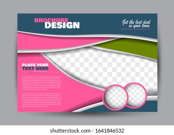 Landscape wide flyer template. Bigboard banner abstract background design. Business, education, presentation, advertisement concept. Blue, pink, and green color. Vector illustration.