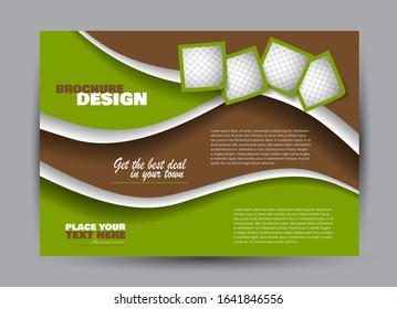 Landscape wide flyer template. Bigboard banner abstract background design. Business, education, presentation, advertisement concept. Brown and green color. Vector illustration.