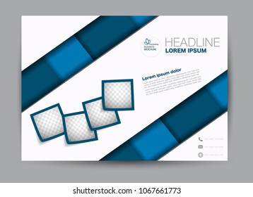 Landscape wide flyer template. Billboard banner abstract background design. Business, education, presentation, advertisement concept. Blue color. Vector illustration.