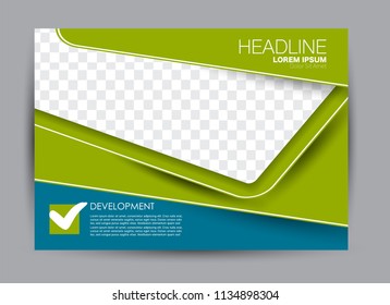 Landscape wide flyer template. Billboard banner abstract background design. Business, education, presentation, advertisement concept. Blue and green color. Vector illustration.
