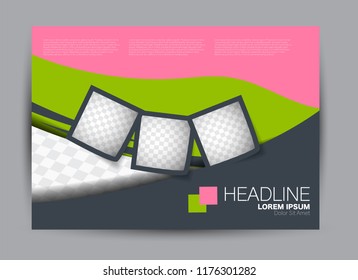 Landscape wide flyer template. Billboard banner abstract background design. Business, education, presentation, advertisement concept. Pink and green color. Vector illustration.