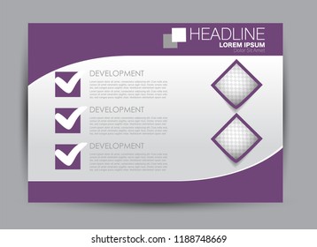 Landscape wide flyer template. Billboard banner abstract background design. Business, education, presentation, advertisement concept. Purple color. Vector illustration.
