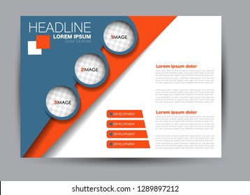Landscape wide flyer template. Billboard banner abstract background design. Business, education, presentation, advertisement concept. Orange and blue color. Vector illustration.