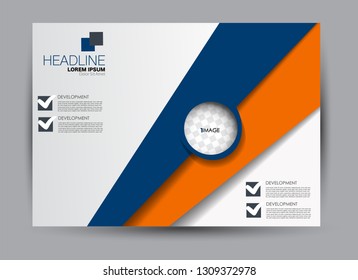 Landscape wide flyer template. Billboard banner abstract background design. Business, education, presentation, advertisement concept. Blue and orange color. Vector illustration.