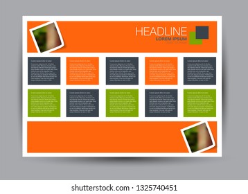 Landscape wide flyer template. Billboard banner abstract background design. Business, education, presentation, advertisement concept. Orange and green color. Vector illustration.