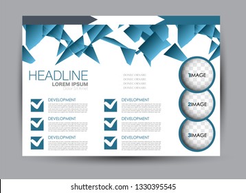 Landscape wide flyer template. Billboard banner abstract background design. Business, education, presentation, advertisement concept. Blue color. Vector illustration.