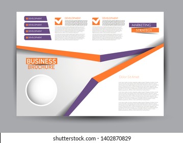 Landscape wide flyer template. Billboard banner abstract background design. Business, education, presentation, advertisement concept. Purple and orange color. Vector illustration.