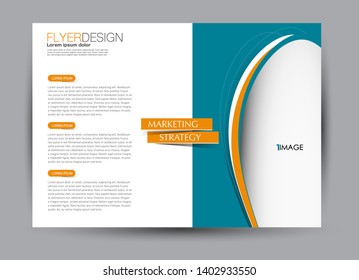Landscape wide flyer template. Billboard banner abstract background design. Business, education, presentation, advertisement concept. Blue and orange color. Vector illustration.