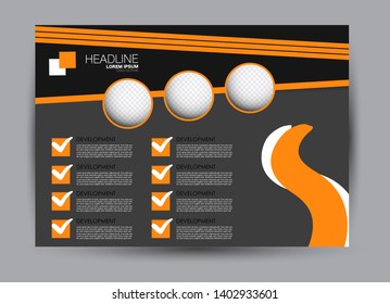 Landscape wide flyer template. Billboard banner abstract background design. Business, education, presentation, advertisement concept. Grey and orange color. Vector illustration.