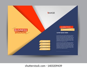 Landscape wide flyer template. Billboard banner abstract background design. Business, education, presentation, advertisement concept. Blue and orange color. Vector 