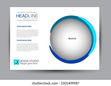 Landscape wide flyer template. Billboard banner abstract background design. Business, education, presentation, advertisement concept. Blue color. Vector illustration.