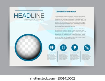 Landscape wide flyer template. Billboard banner abstract background design. Business, education, presentation, advertisement concept. Blue color. Vector illustration.