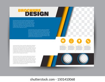 Landscape wide flyer template. Billboard banner abstract background design. Business, education, presentation, advertisement concept. Blue, orange, and black color. Vector illustration.
