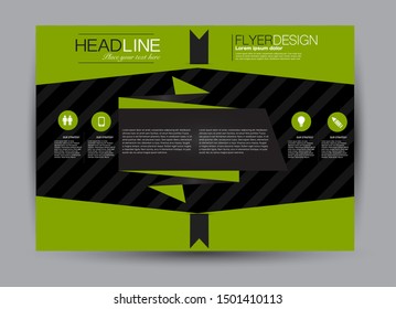 Landscape wide flyer template. Billboard banner abstract background design. Business, education, presentation, advertisement concept. Green and black color. Vector illustration.