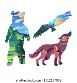 Landscape in Wild Animal Silhouette Set Cartoon. Collection of Forest, Mountain, Clouds. Moon and Shining Sun Isolated in Agressive Big Animal Form. Predator and Nature Vector Flat Illustrations