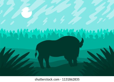 Landscape with wild bizon on field. Prairie landscape. Green panorama. Natural scene. Vector