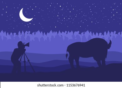 Landscape with wild bizon on field. Prairie landscape. Night with moon panorama. Natural scene. Photographer photographs bizon in nature. Vector