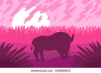 Landscape with wild bizon on field. Pink scene with sunset or sunrise. Vector