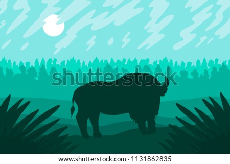 Landscape with wild bizon on field. Prairie landscape. Green panorama. Natural scene. Vector