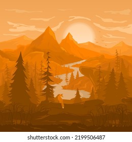 Landscape of wild nature. Sun on the horizon, mountain range, coniferous forest, meandering river, rocky terrain, cliffs, flock of birds, fox. Composition in brown-orange, terracotta tones.