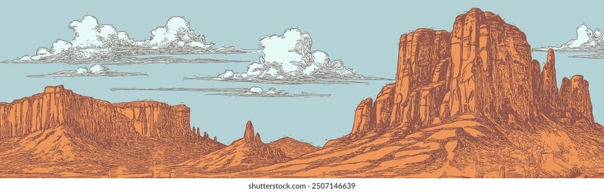 Landscape. Wild West. Rock Formation. Colored engraved style.