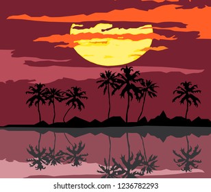 Landscape of wildlife coast with palms. Landscape vector illustration