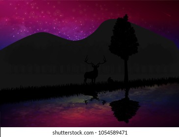 Landscape wildlife (deer and rabbit) in forest silhouette and reflection from river in night time with milky way sky, EPS 10 vector