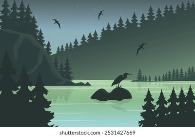 Landscape wildlife forest at night. Coniferous trees on the lake under the night sky with the stars, flying birds and pelican stand on the rocks. 