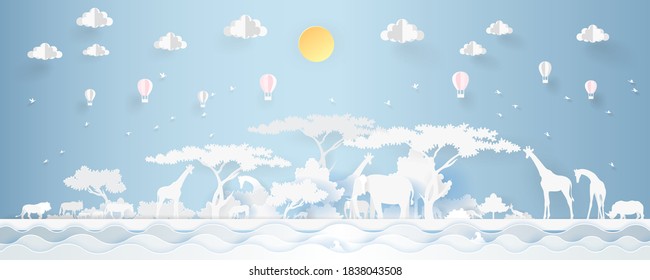 Landscape with wildlife of Kenya in Panorama Vector illustration.