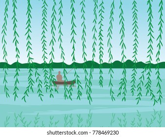 Landscape: the willow branches above the river, a fisherman in a boat, the forest on the other side. Branches reflected in the water. Vector illustration.