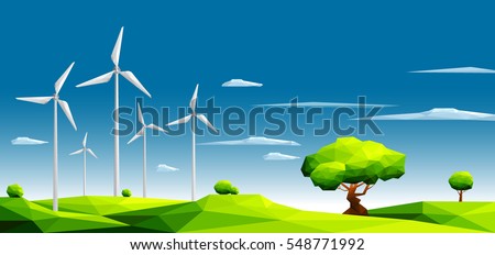Landscape with wind farm in green fields among trees.Ecology Concept.Polygonal style-Eps10 Vector Illustration.