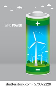 Landscape with wind farm inside a battery on gray background - Renewable Energy - Vector image