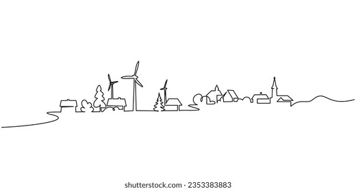 Landscape with Wind mills and church, wind generator energy, single continuous one line art drawing. Hilly landscape with generate wind turbines and houses. Vector one outline illustration