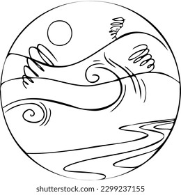 Landscape with The wind in the sea under the sun inside the circle vector illustration