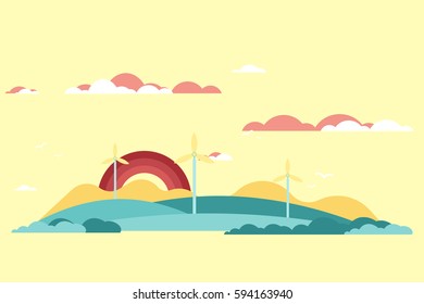 landscape with wind turbine farm. Flat vector image