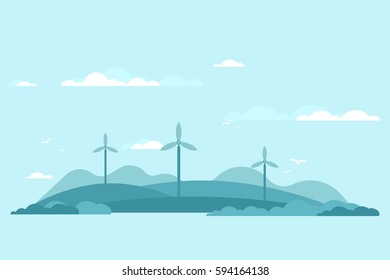 landscape with wind turbine farm. Flat vector image