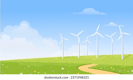 Paisaje con el concepto de turbinas eólicas. Fuentes de energía alternativas y estilo de vida sostenible. Hermosas vistas de primavera o verano en el paisaje rural. Dibujo vectorial plano de dibujos animados