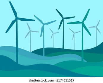 Landscape with wind turbines. Green energy concept, wind turbine silhouettes. Renewable energy, clean electricity production. Eco-friendly wind energy. Vector Illustration