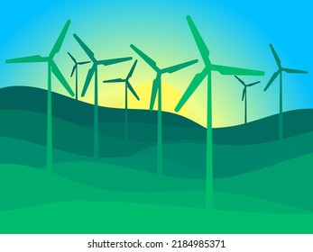 Landscape with wind turbines. Green energy concept, wind turbine silhouettes. Renewable energy, clean electricity production. Eco-friendly wind energy. Vector Illustration