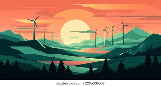 Landscape with wind turbines and hills at sunset. Vector illustration