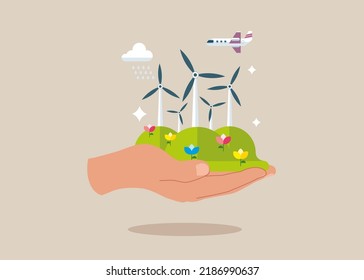 Landschaft mit Windturbinen in menschlichen Händen, umweltfreundlichem Energiewandler und blauem Himmel. Vektorgrafik von grünen Technologien, Umwelt und Öko-Energie. Biokraftstoff, Ökologie.