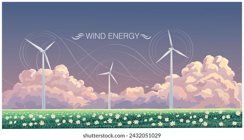 Paisaje con turbinas eólicas de hélices, generando electricidad ubicada en un campo con flores, contra un cielo nublado.