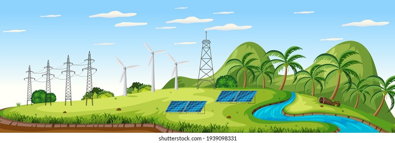 Paisaje con turbinas eólicas y celdas solares ilustración de la escena
