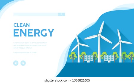 Landscape with wind turbines, solar panels using for producing electricity. Vector concept of renewable, clean, sustainable energy. Ecological modern technology banner. Place for text, copy space.