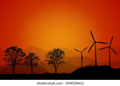 Landscape with wind turbines at sunset. Silhouettes of windmill and trees at sunrise sky. Wind turbines in natural environment as symbol of ecological renewable power. Green energy.Vector illustration