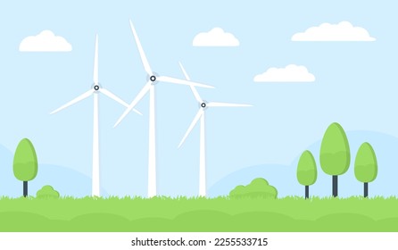 Landscape with wind turbines, trees and grass on the blue sky background with clouds, green energy concept, vector eps10 illustration